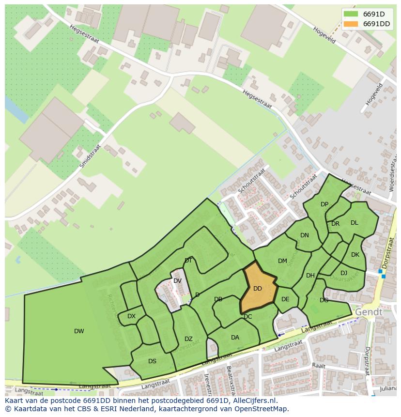 Afbeelding van het postcodegebied 6691 DD op de kaart.