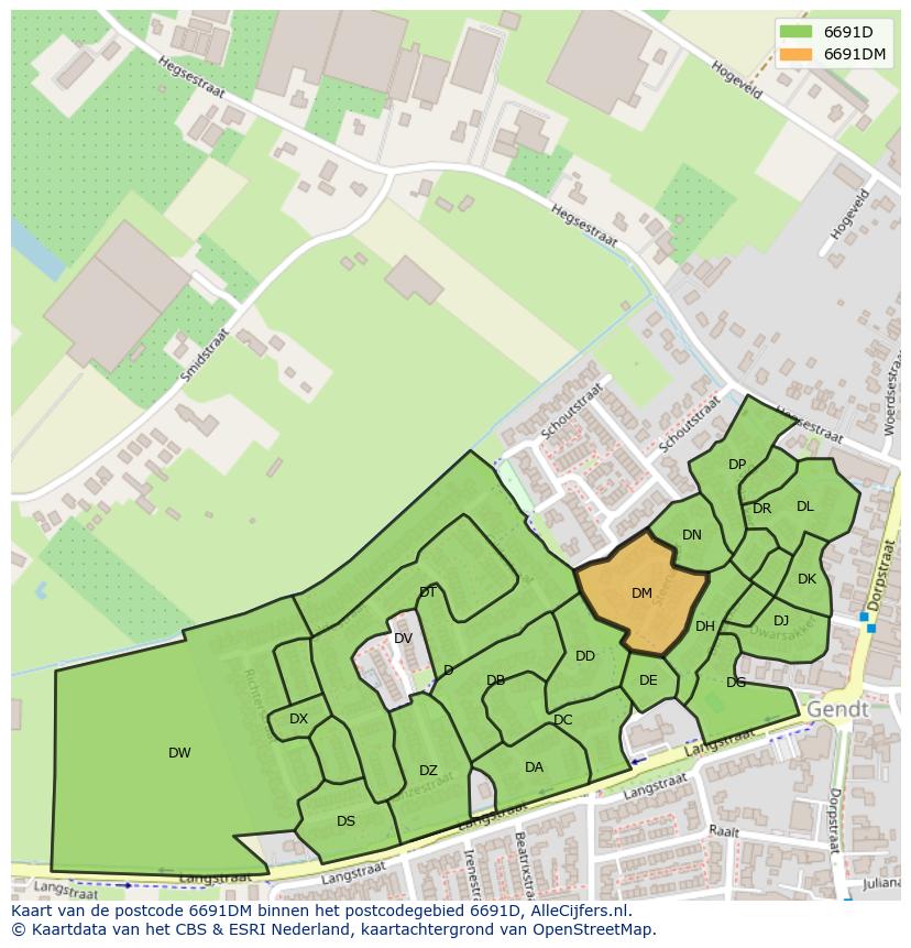 Afbeelding van het postcodegebied 6691 DM op de kaart.