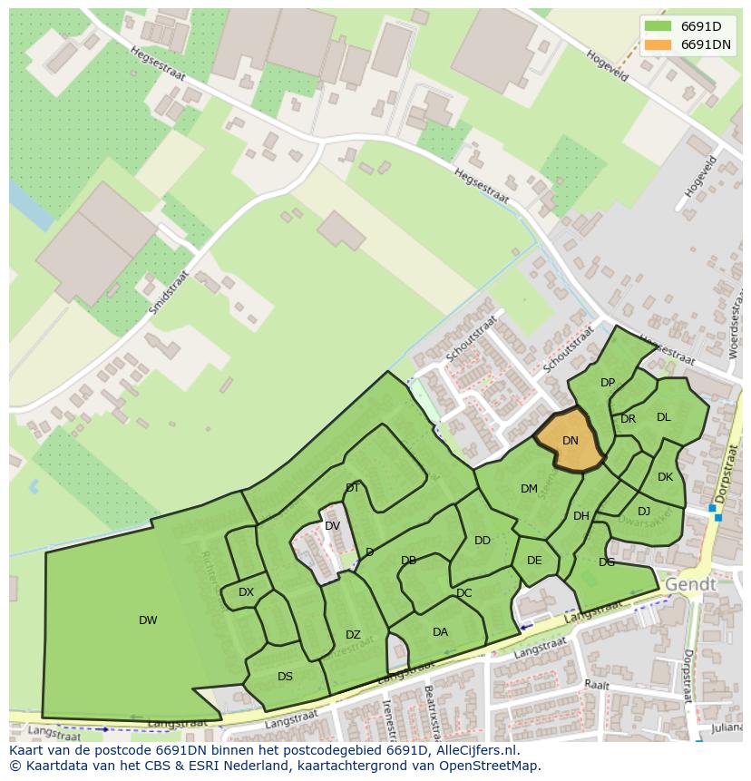 Afbeelding van het postcodegebied 6691 DN op de kaart.