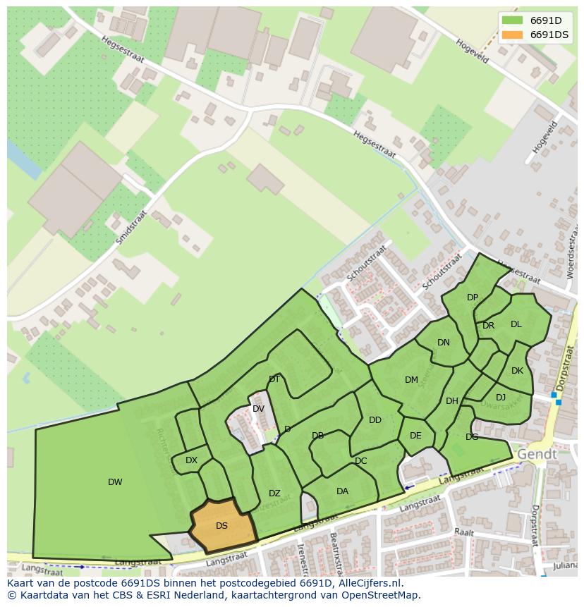 Afbeelding van het postcodegebied 6691 DS op de kaart.