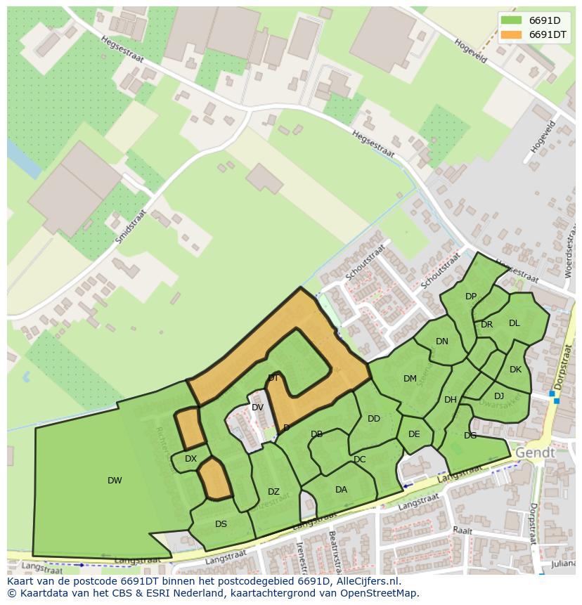 Afbeelding van het postcodegebied 6691 DT op de kaart.