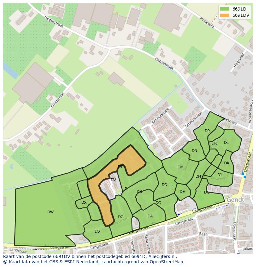 Afbeelding van het postcodegebied 6691 DV op de kaart.