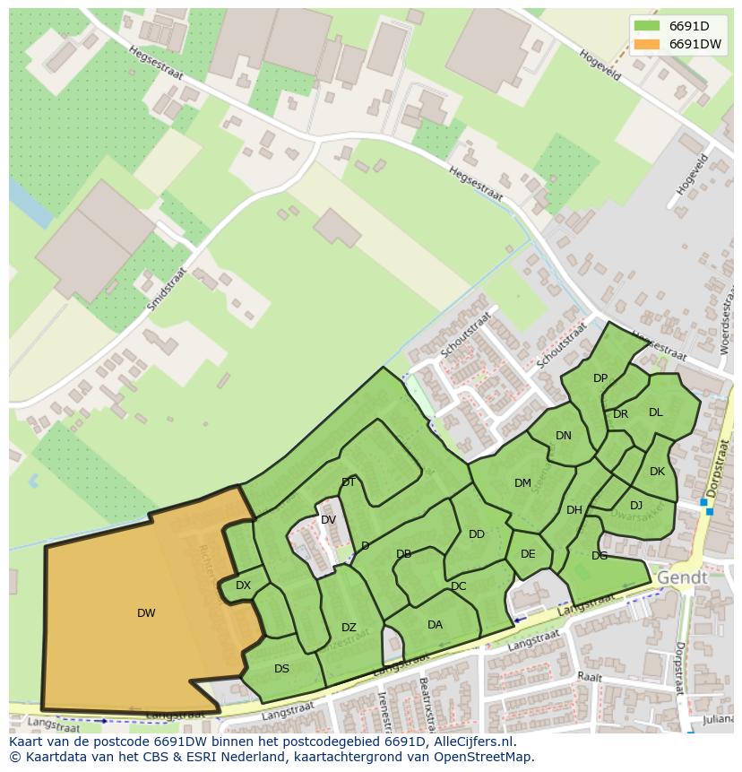 Afbeelding van het postcodegebied 6691 DW op de kaart.