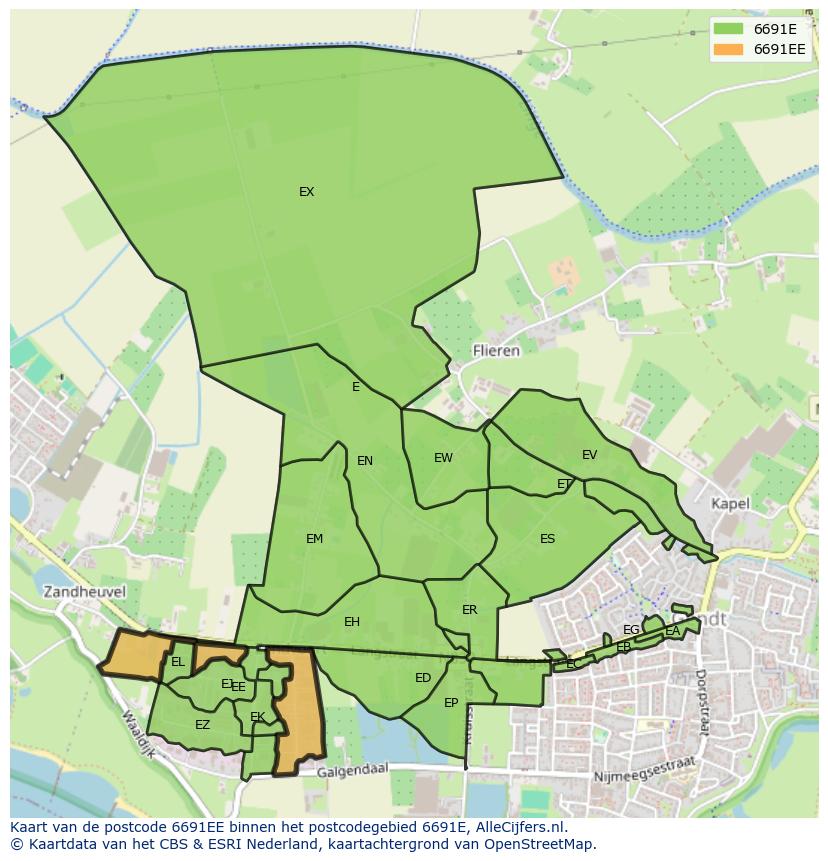 Afbeelding van het postcodegebied 6691 EE op de kaart.