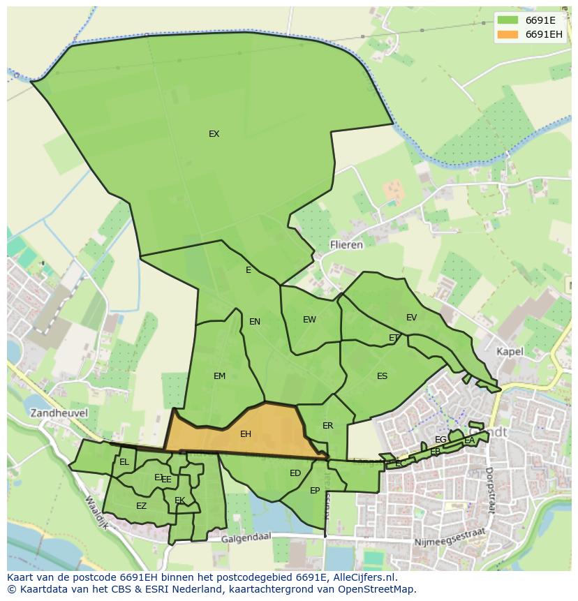 Afbeelding van het postcodegebied 6691 EH op de kaart.