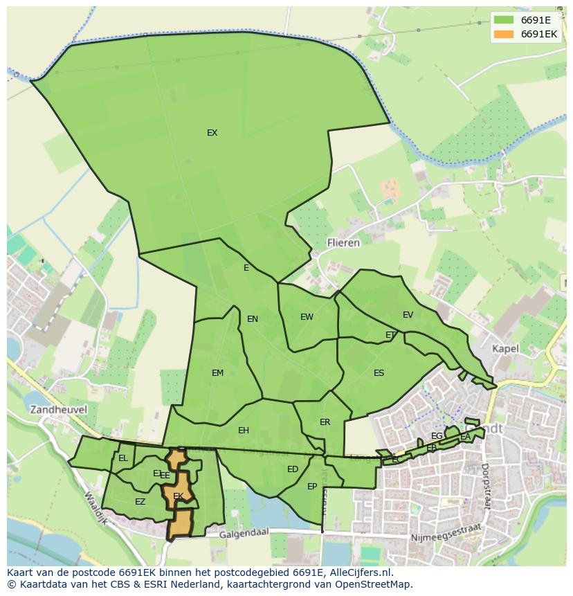Afbeelding van het postcodegebied 6691 EK op de kaart.