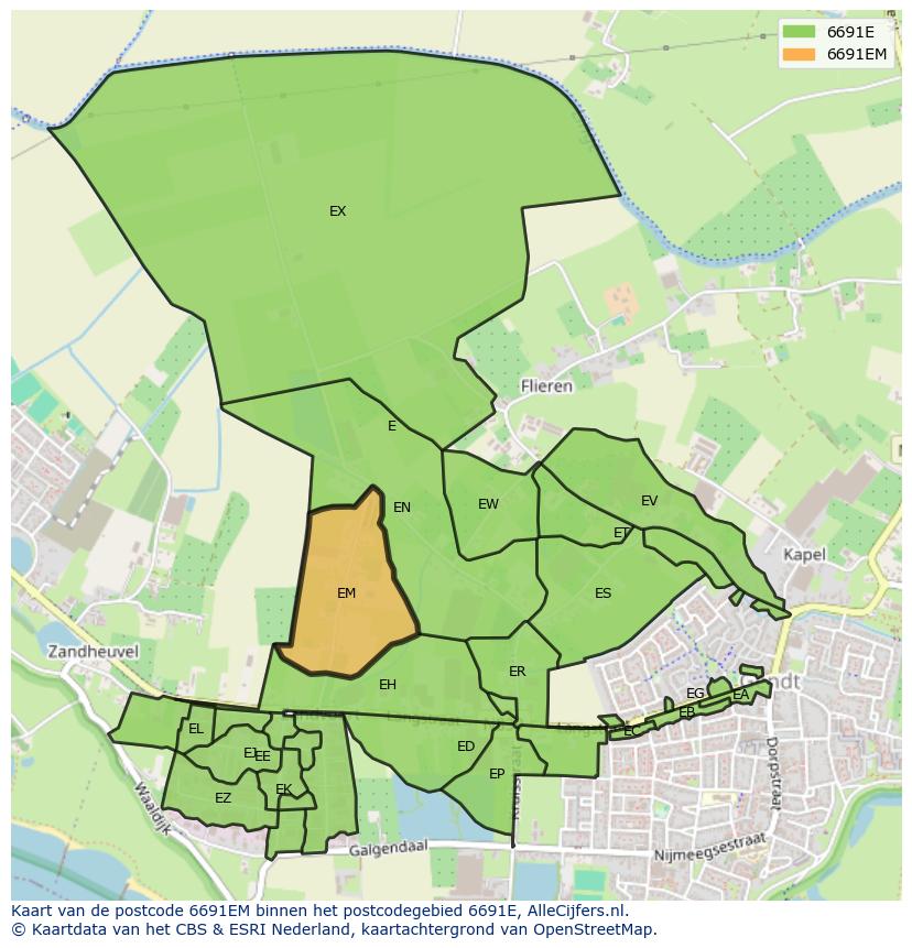 Afbeelding van het postcodegebied 6691 EM op de kaart.