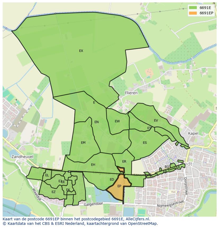 Afbeelding van het postcodegebied 6691 EP op de kaart.