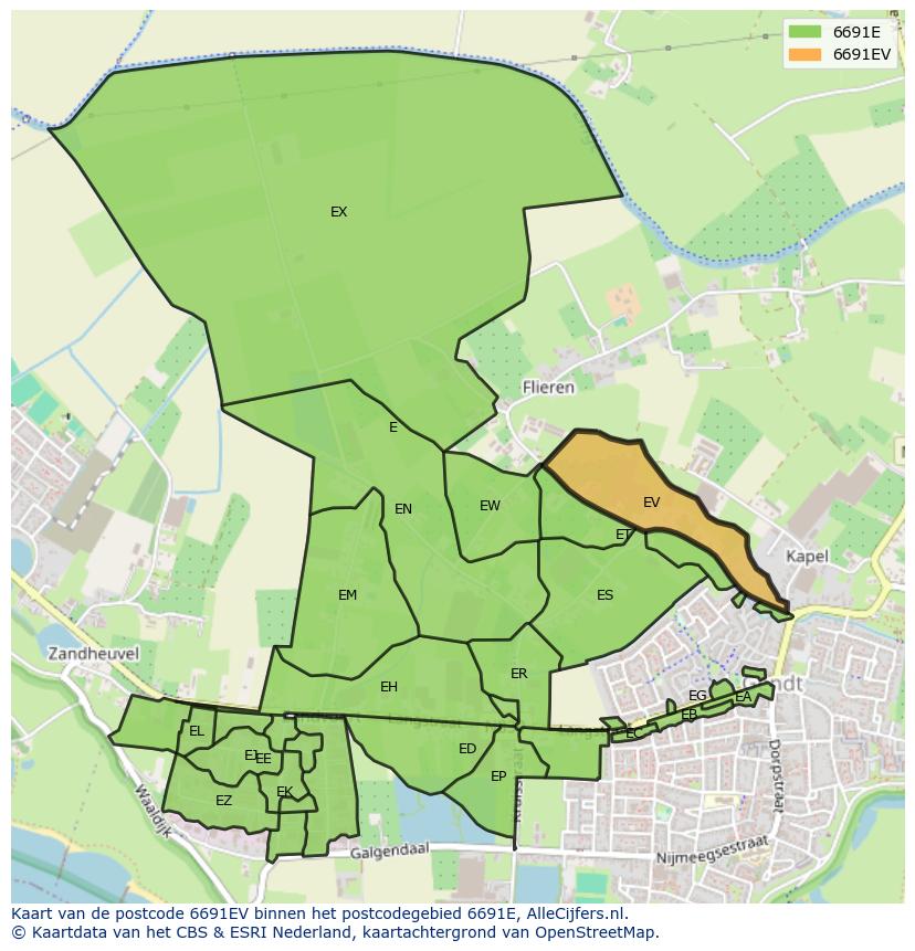 Afbeelding van het postcodegebied 6691 EV op de kaart.