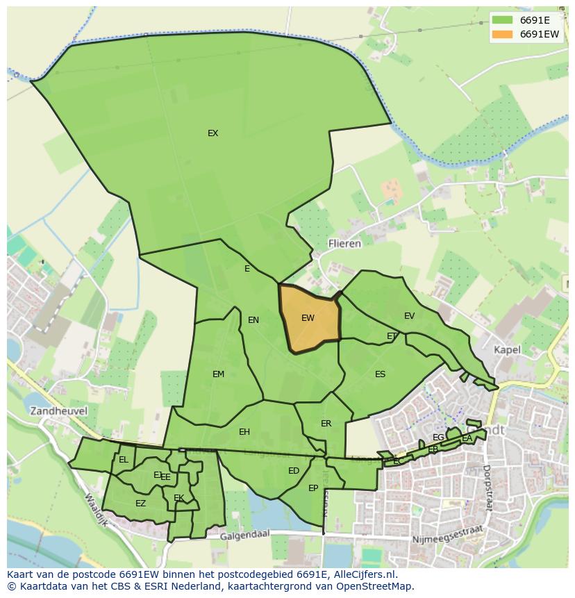 Afbeelding van het postcodegebied 6691 EW op de kaart.