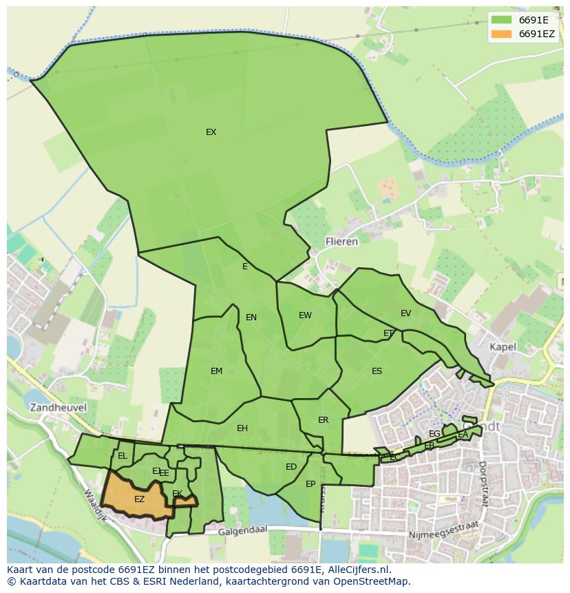 Afbeelding van het postcodegebied 6691 EZ op de kaart.