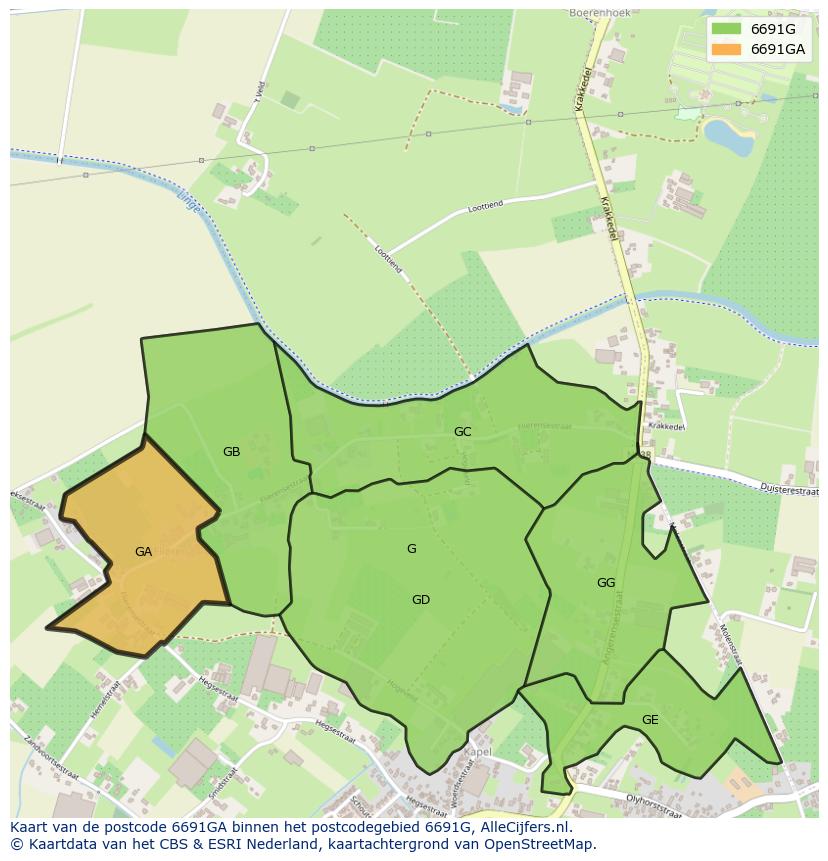 Afbeelding van het postcodegebied 6691 GA op de kaart.