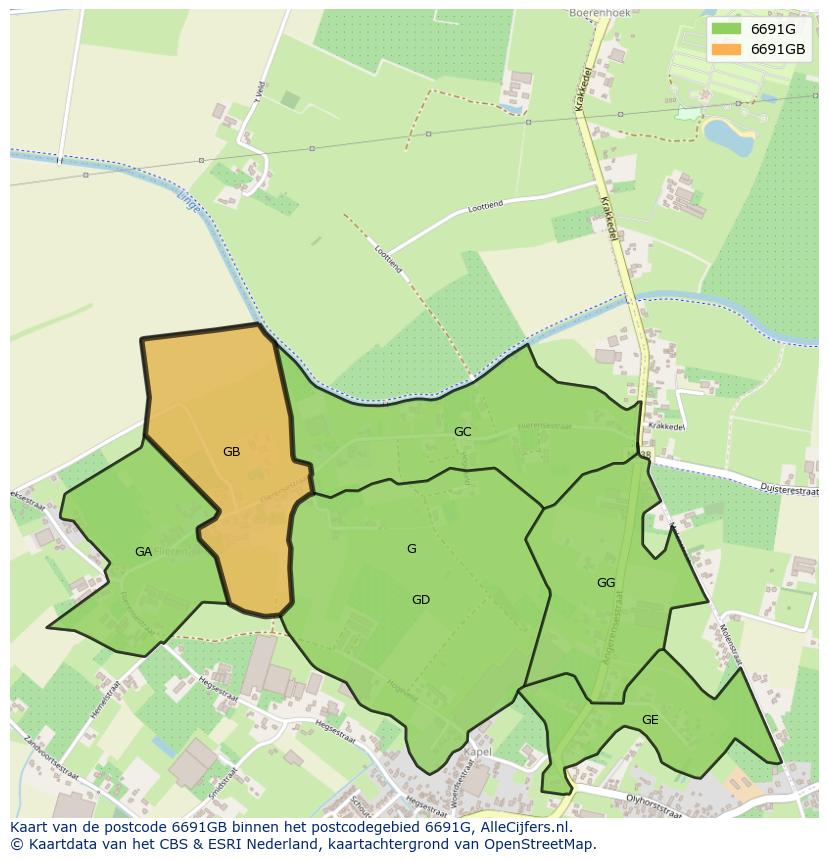 Afbeelding van het postcodegebied 6691 GB op de kaart.