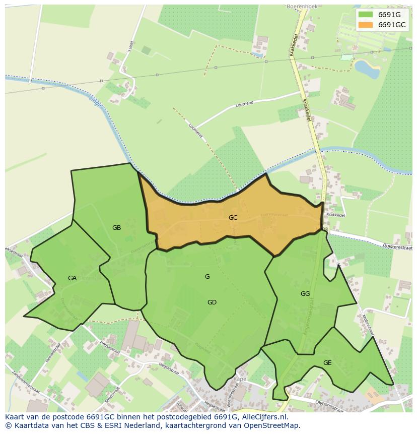 Afbeelding van het postcodegebied 6691 GC op de kaart.