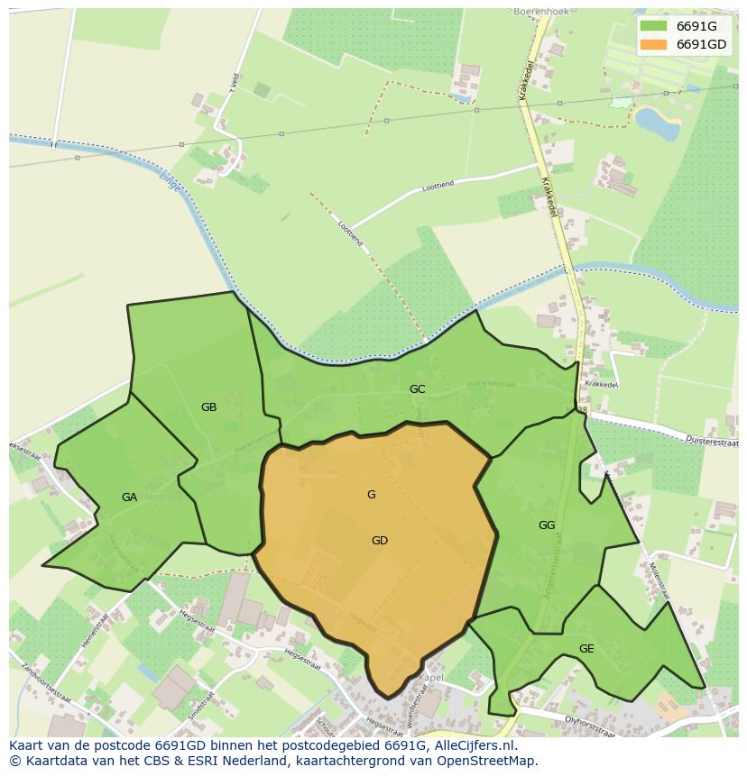 Afbeelding van het postcodegebied 6691 GD op de kaart.
