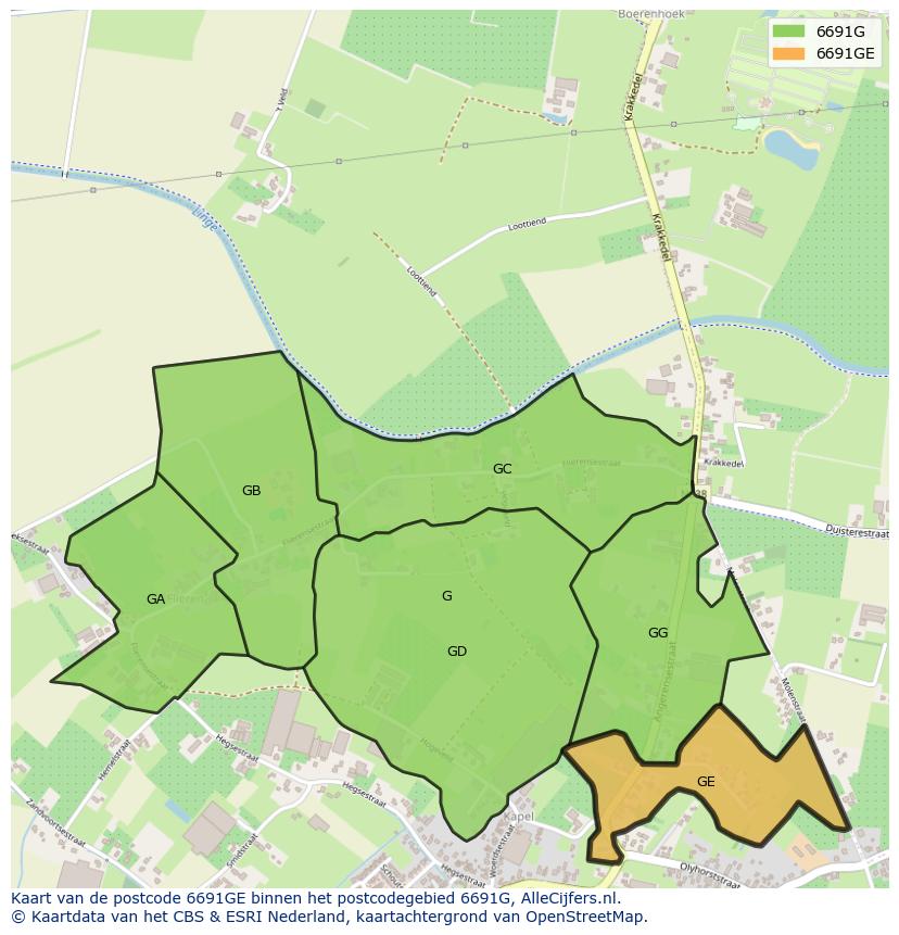 Afbeelding van het postcodegebied 6691 GE op de kaart.