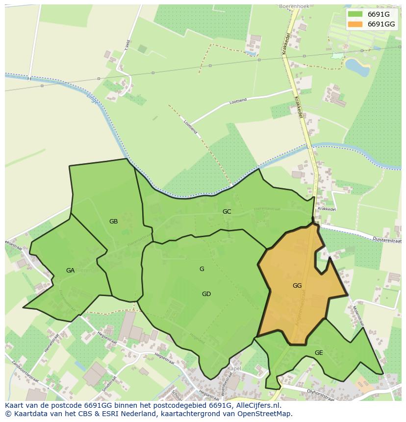 Afbeelding van het postcodegebied 6691 GG op de kaart.
