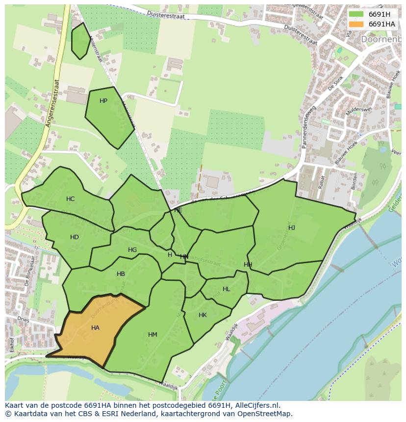 Afbeelding van het postcodegebied 6691 HA op de kaart.