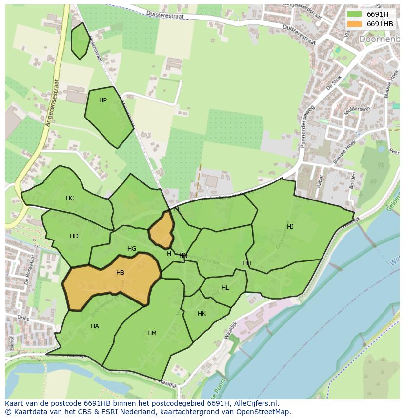 Afbeelding van het postcodegebied 6691 HB op de kaart.