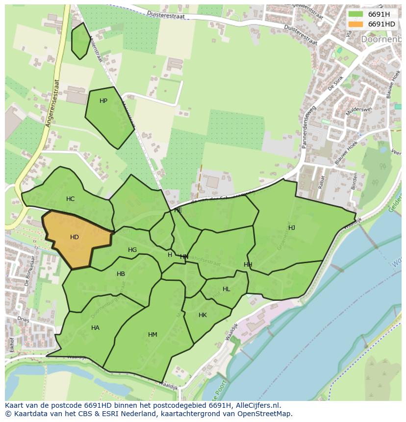 Afbeelding van het postcodegebied 6691 HD op de kaart.