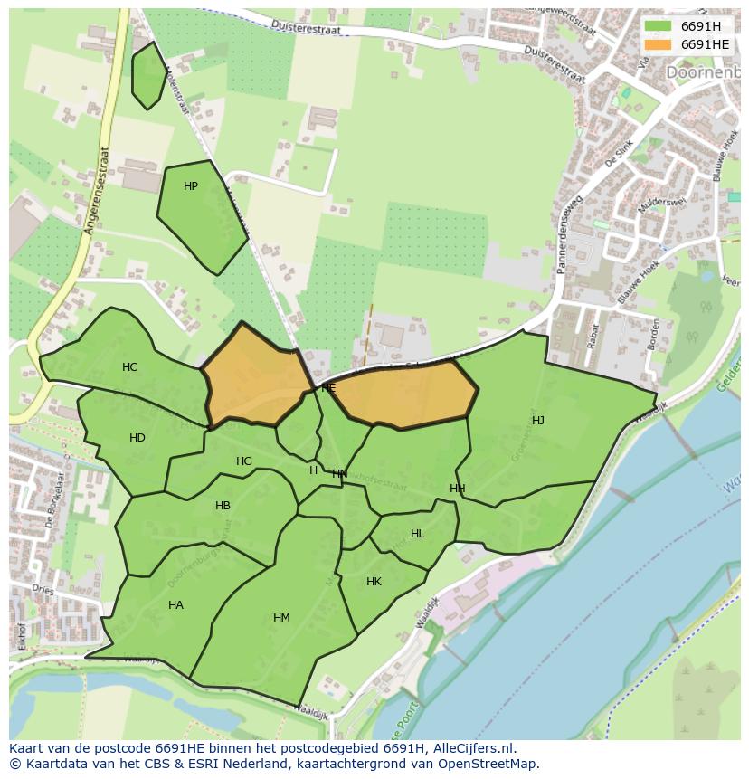 Afbeelding van het postcodegebied 6691 HE op de kaart.