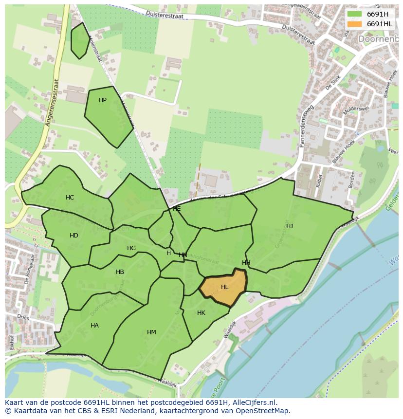 Afbeelding van het postcodegebied 6691 HL op de kaart.