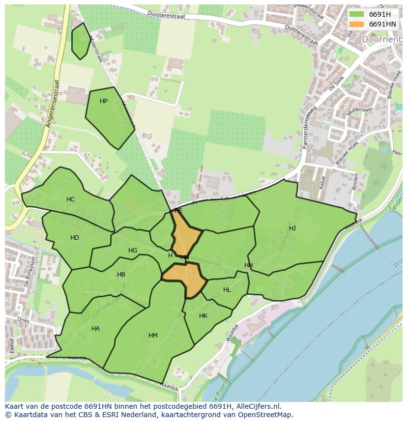 Afbeelding van het postcodegebied 6691 HN op de kaart.