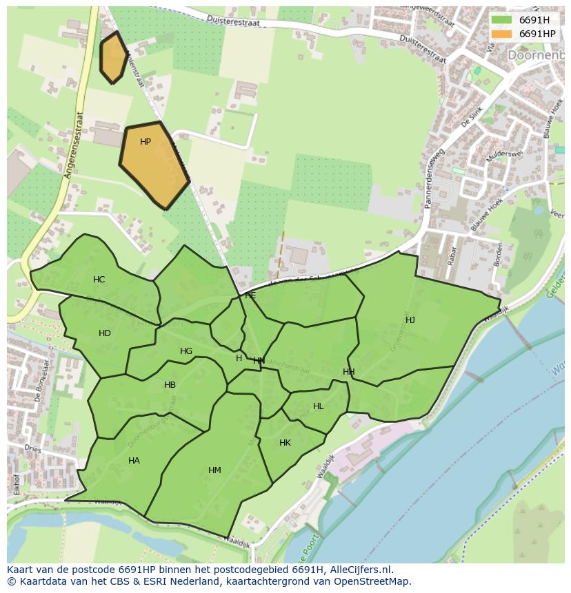 Afbeelding van het postcodegebied 6691 HP op de kaart.