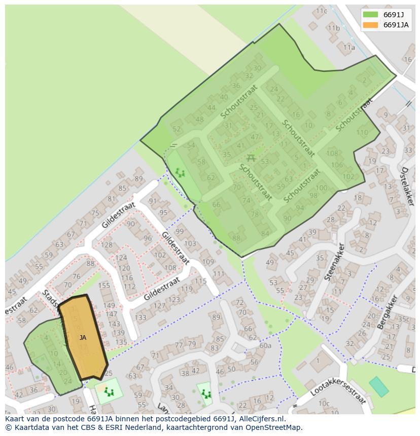 Afbeelding van het postcodegebied 6691 JA op de kaart.