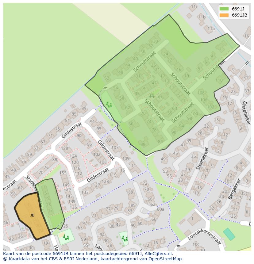 Afbeelding van het postcodegebied 6691 JB op de kaart.