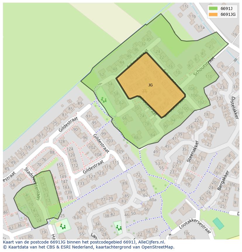 Afbeelding van het postcodegebied 6691 JG op de kaart.