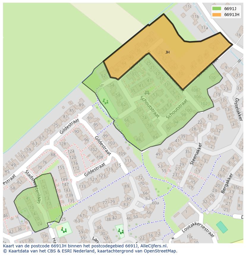 Afbeelding van het postcodegebied 6691 JH op de kaart.