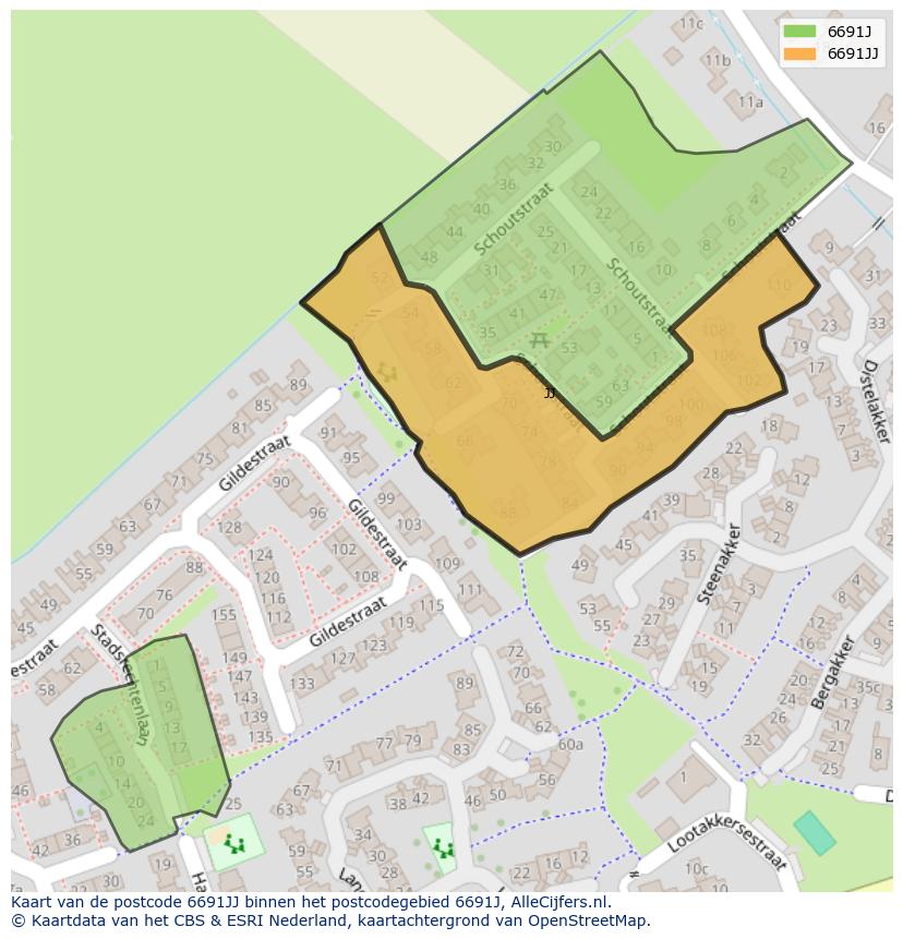 Afbeelding van het postcodegebied 6691 JJ op de kaart.