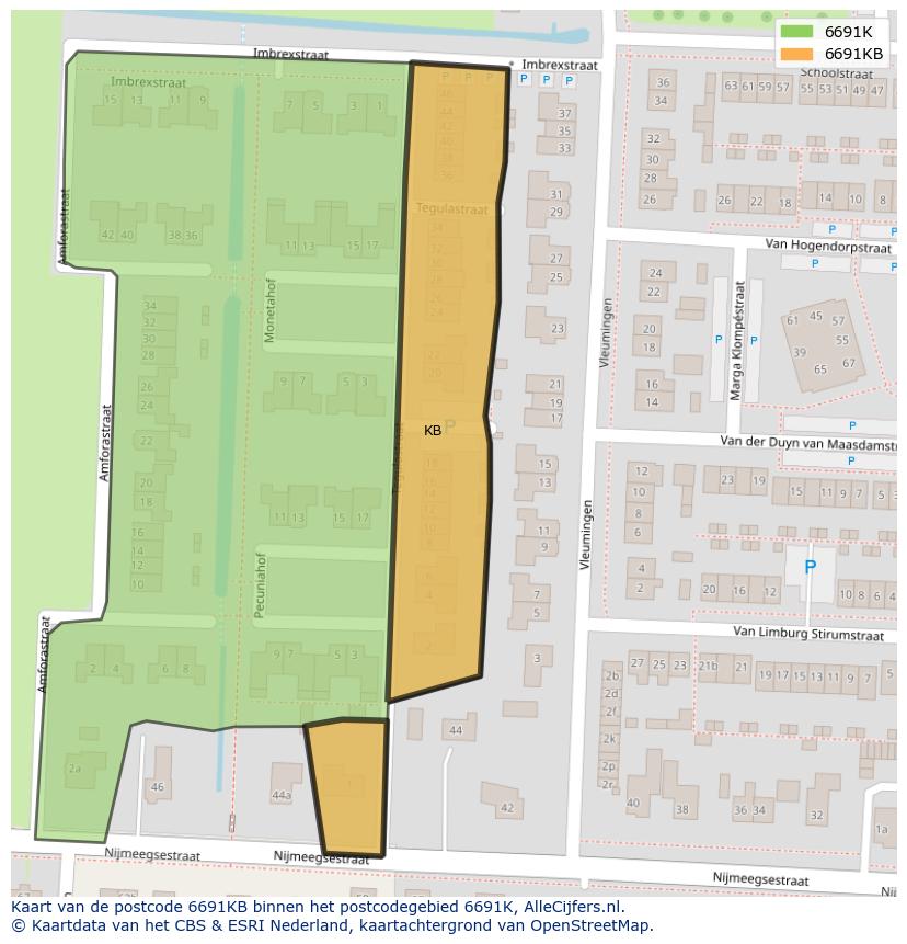 Afbeelding van het postcodegebied 6691 KB op de kaart.