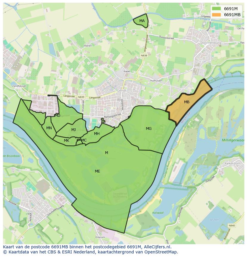 Afbeelding van het postcodegebied 6691 MB op de kaart.
