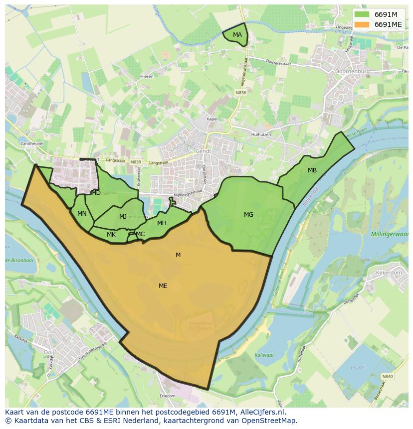 Afbeelding van het postcodegebied 6691 ME op de kaart.