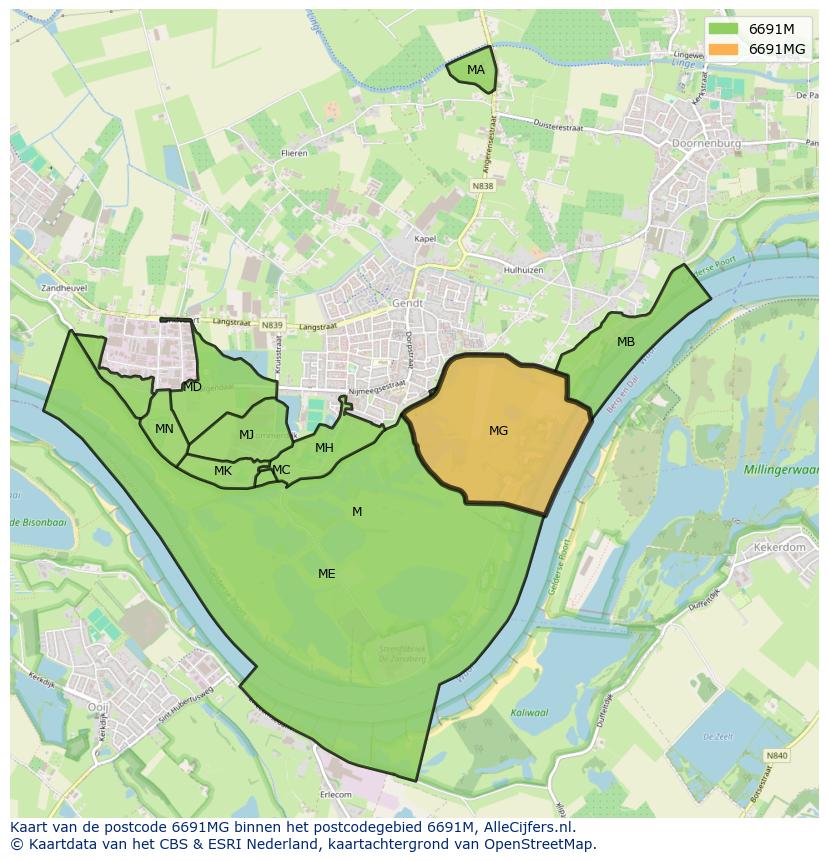 Afbeelding van het postcodegebied 6691 MG op de kaart.