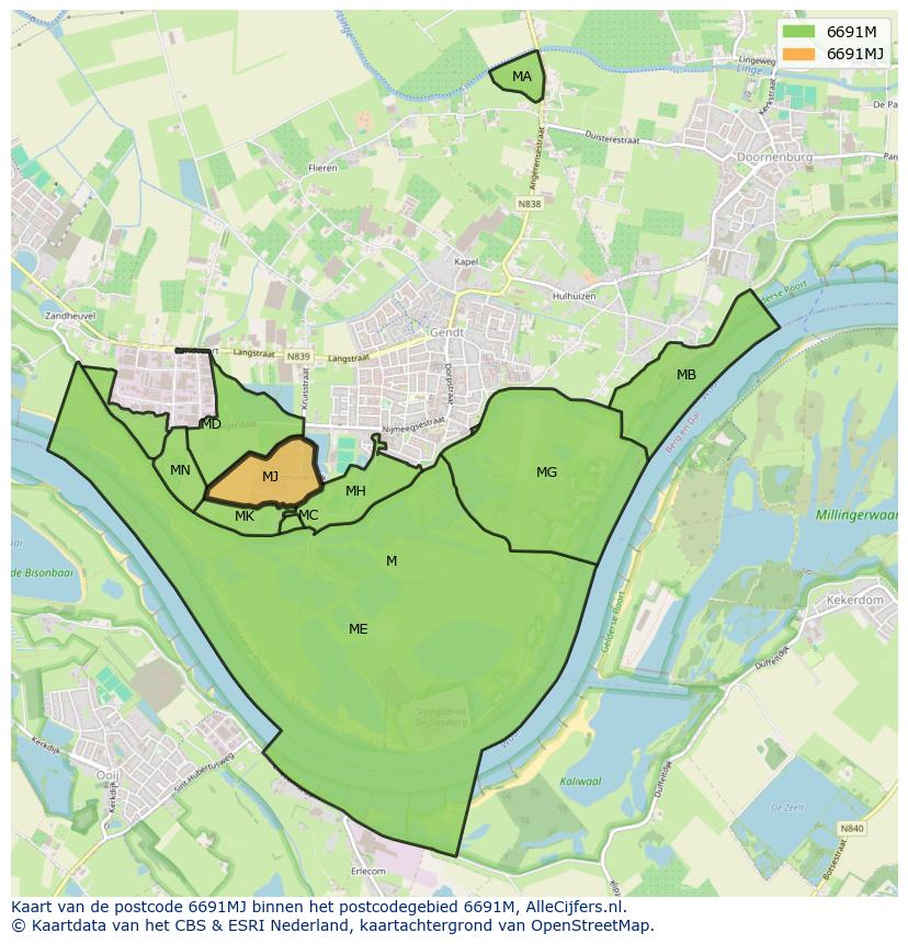 Afbeelding van het postcodegebied 6691 MJ op de kaart.