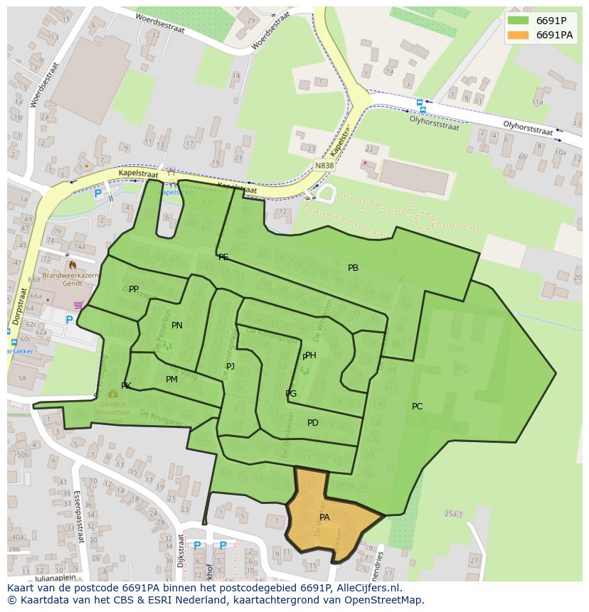 Afbeelding van het postcodegebied 6691 PA op de kaart.