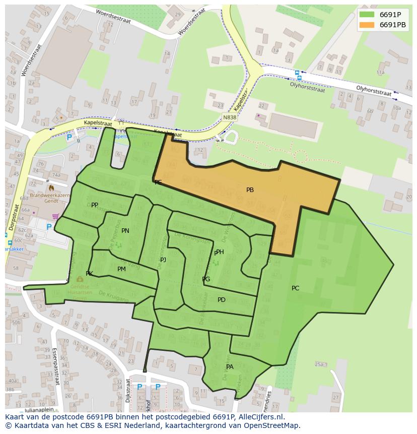 Afbeelding van het postcodegebied 6691 PB op de kaart.