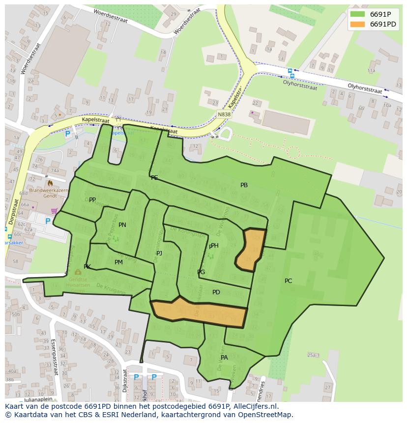 Afbeelding van het postcodegebied 6691 PD op de kaart.