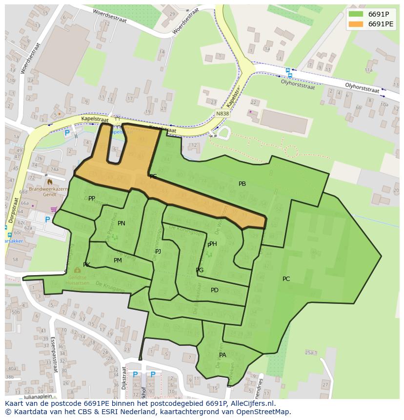 Afbeelding van het postcodegebied 6691 PE op de kaart.