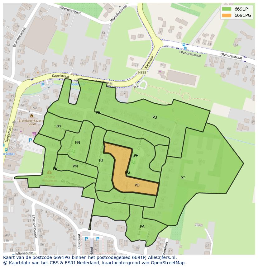 Afbeelding van het postcodegebied 6691 PG op de kaart.