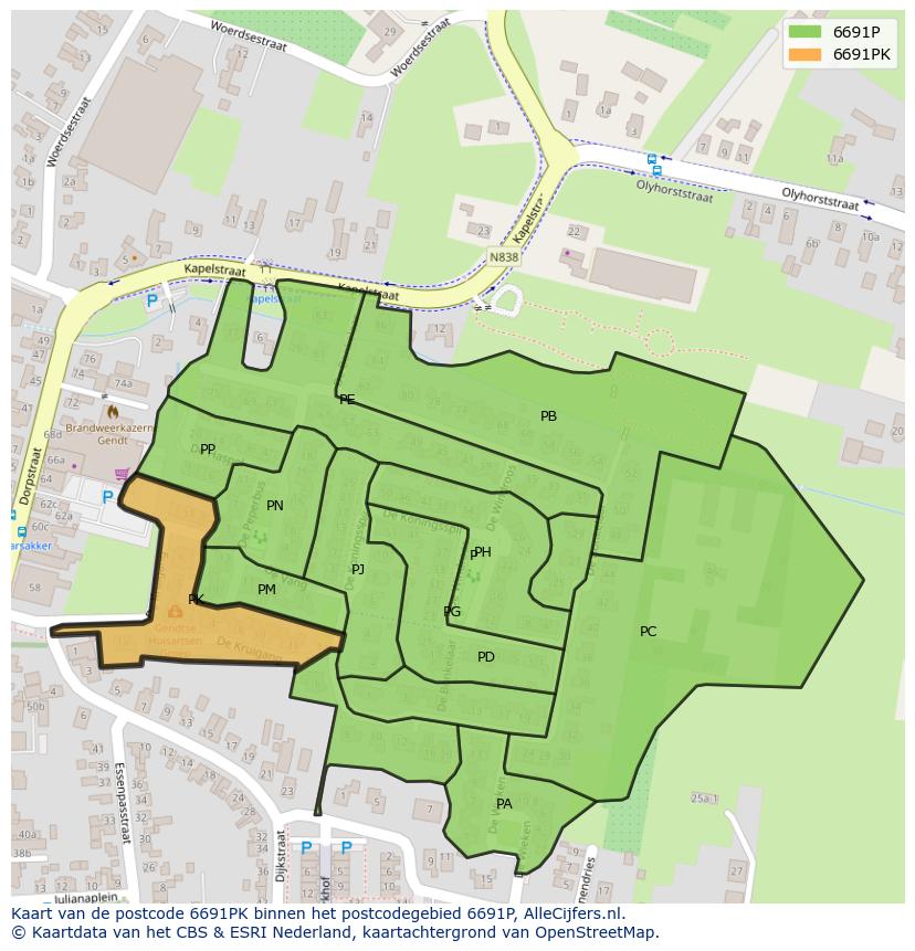 Afbeelding van het postcodegebied 6691 PK op de kaart.
