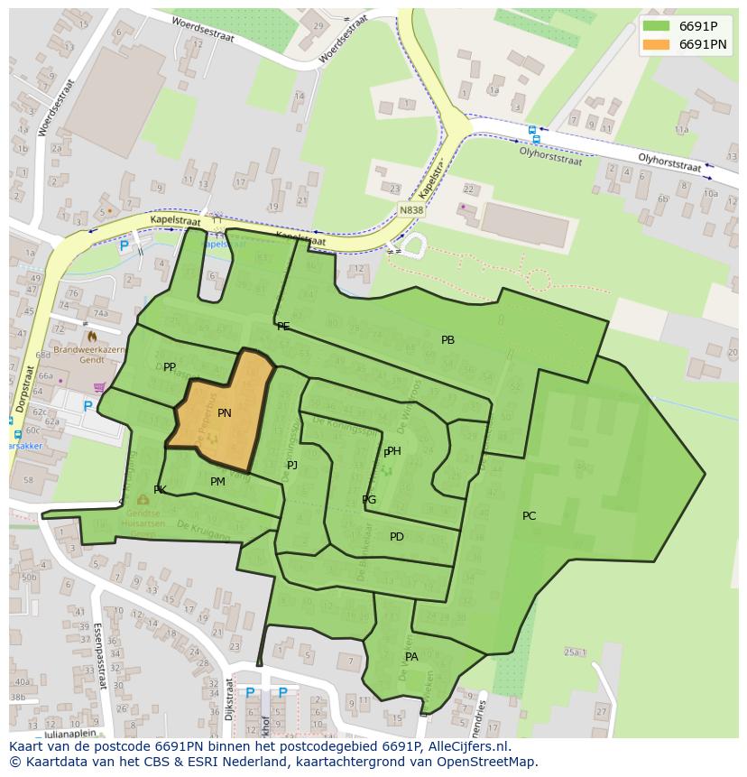 Afbeelding van het postcodegebied 6691 PN op de kaart.