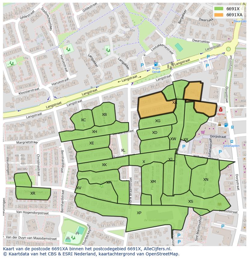 Afbeelding van het postcodegebied 6691 XA op de kaart.