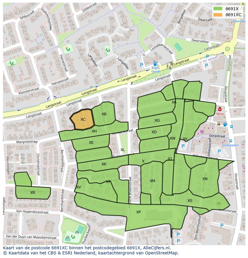 Afbeelding van het postcodegebied 6691 XC op de kaart.