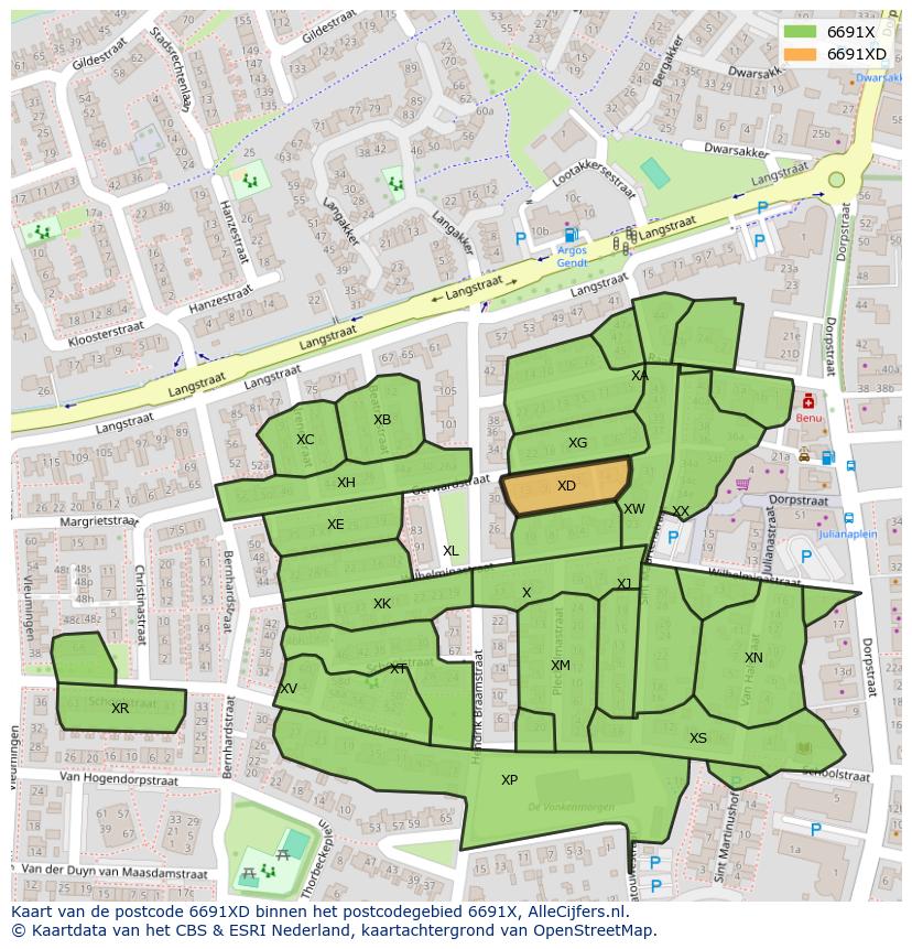 Afbeelding van het postcodegebied 6691 XD op de kaart.