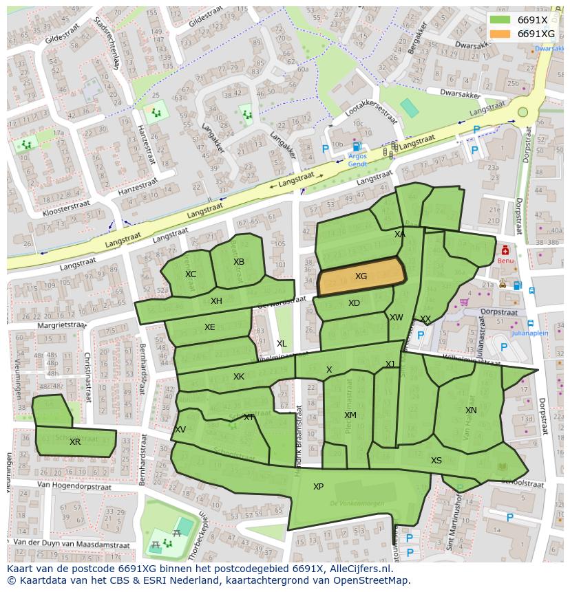 Afbeelding van het postcodegebied 6691 XG op de kaart.