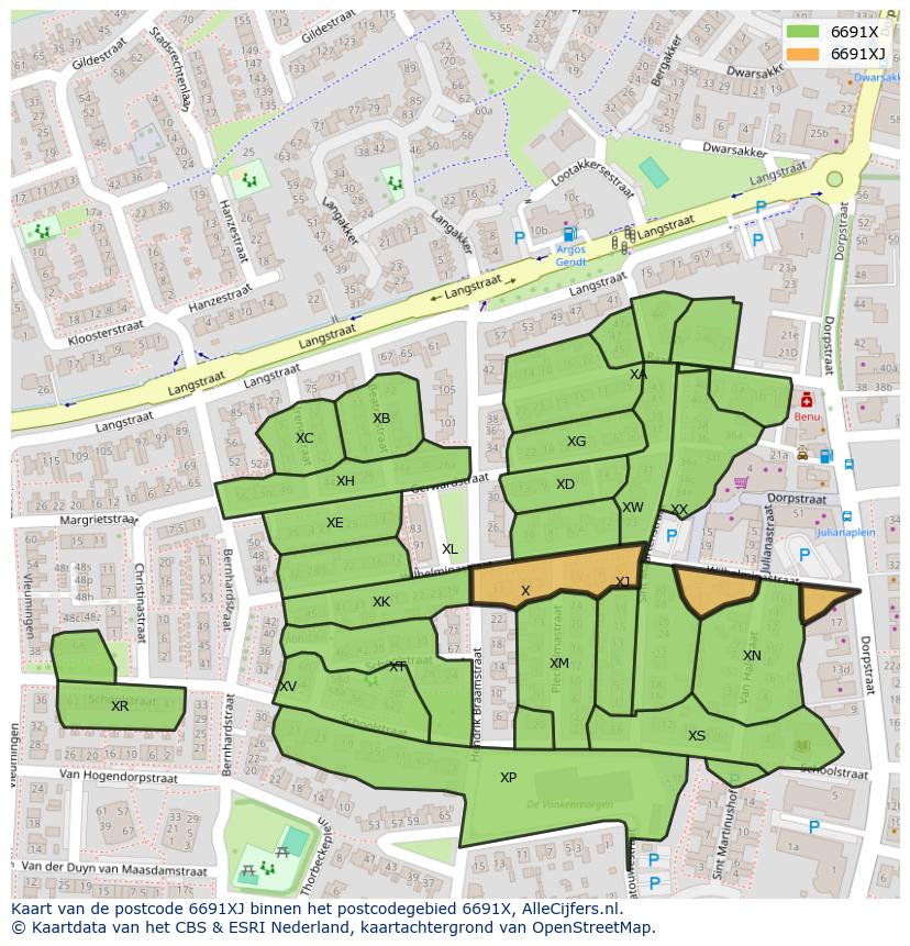 Afbeelding van het postcodegebied 6691 XJ op de kaart.